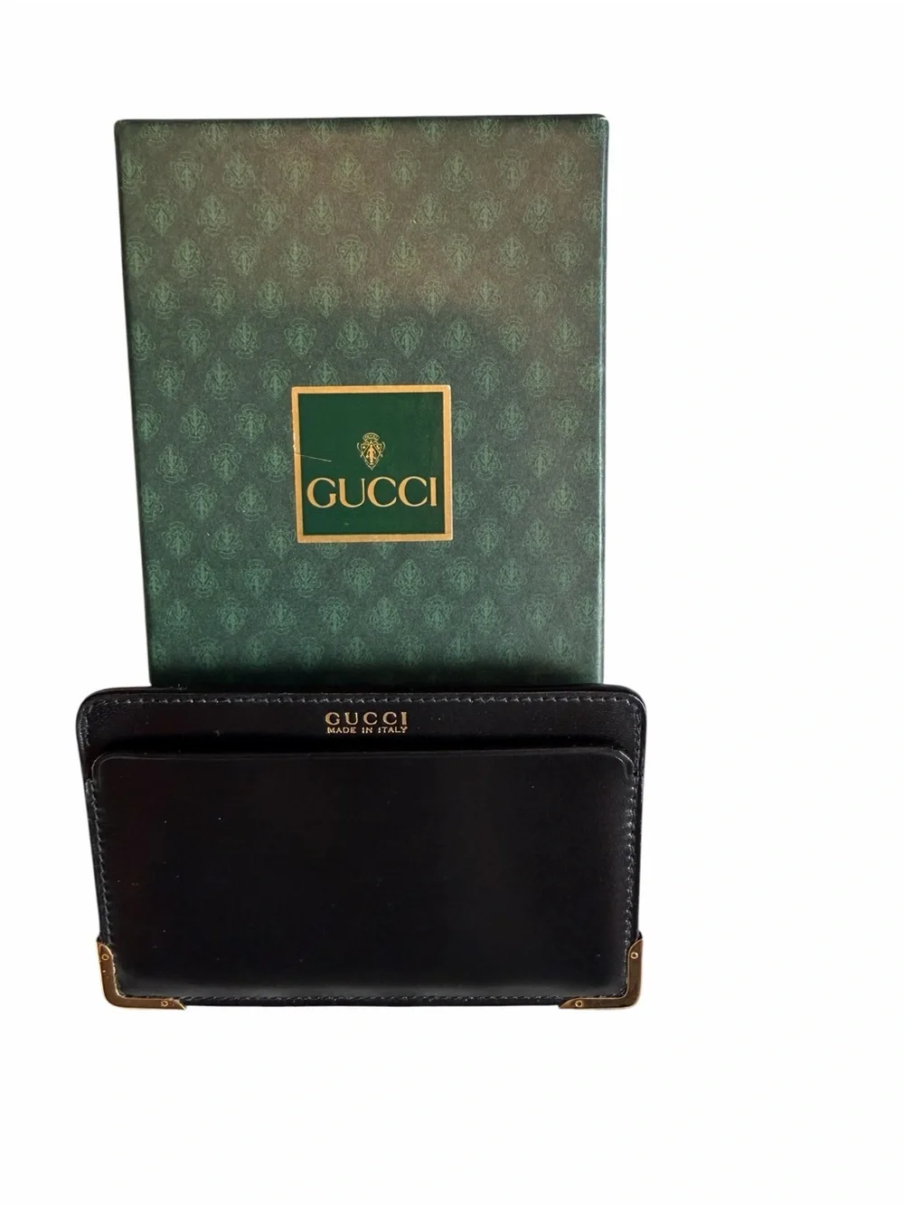Gucci Vintage 1980s Black Leather Card Holder w/ Original Box